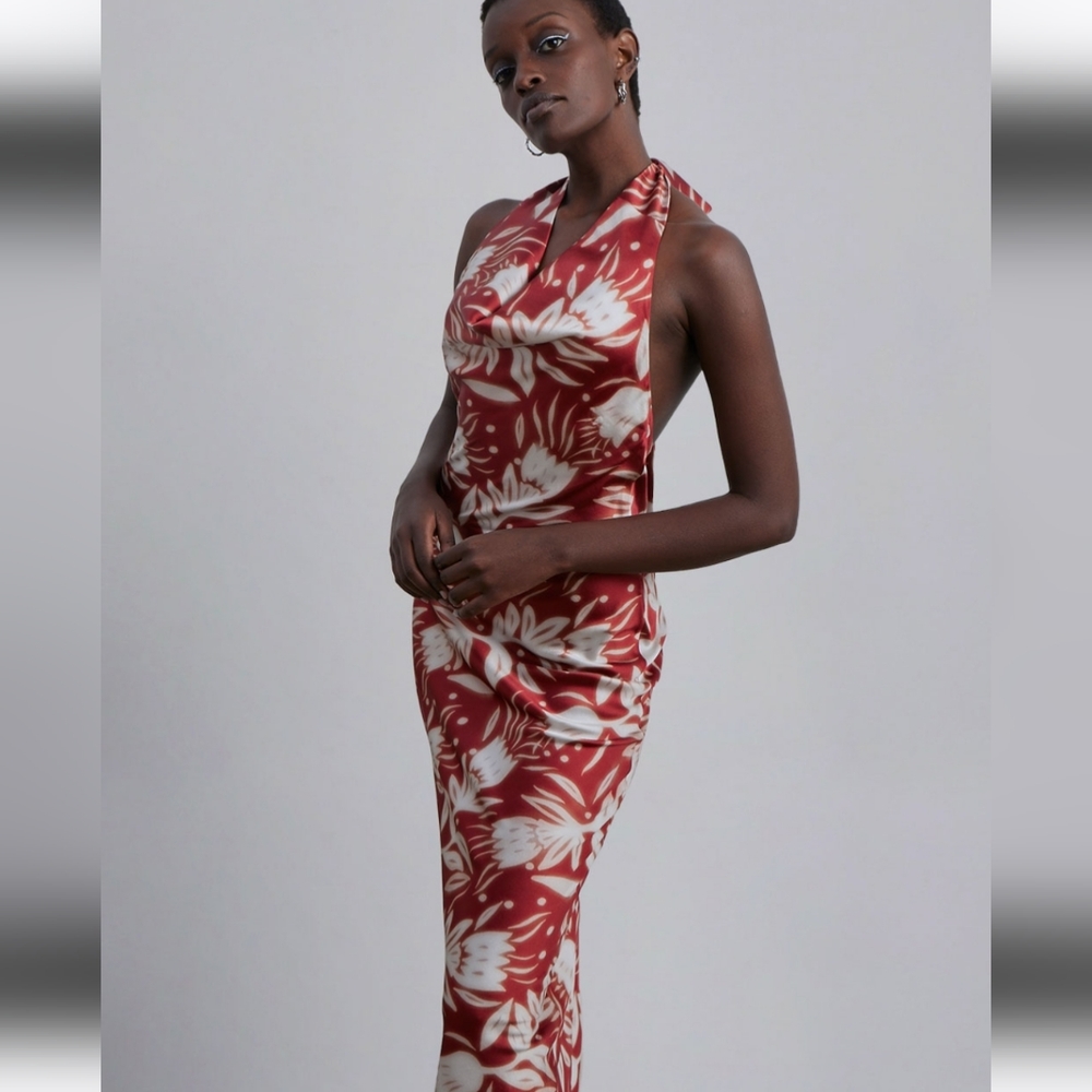 Floral Print Halter Neck Silk Midi Dress (Floral Red/White) - Silk Maison
